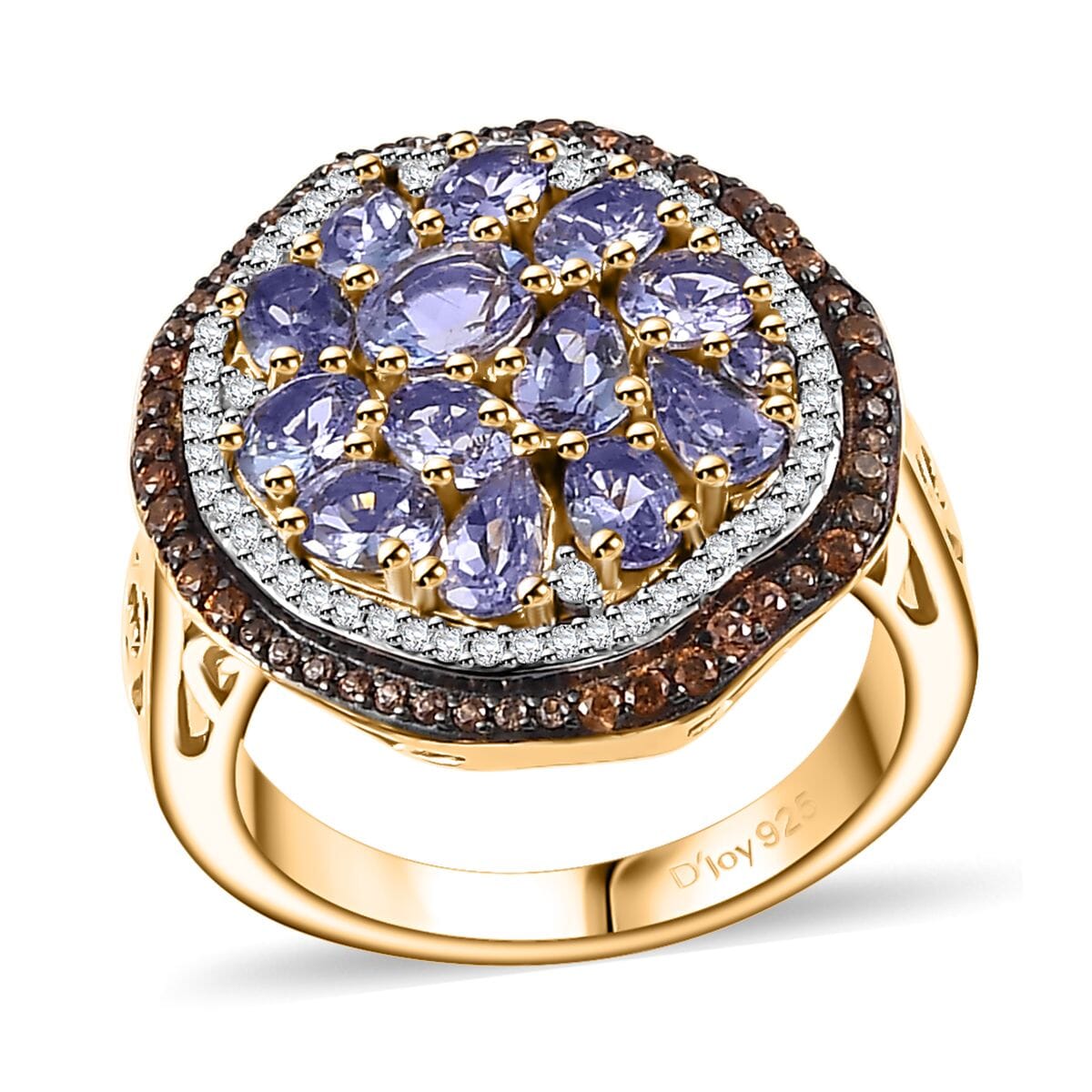 Tanzanite, Brown and White Zircon Sea Pebble Ring in 18K Vermeil Yellow Gold Over Sterling Silver (Size 5.0) 3.20 ctw image number 0