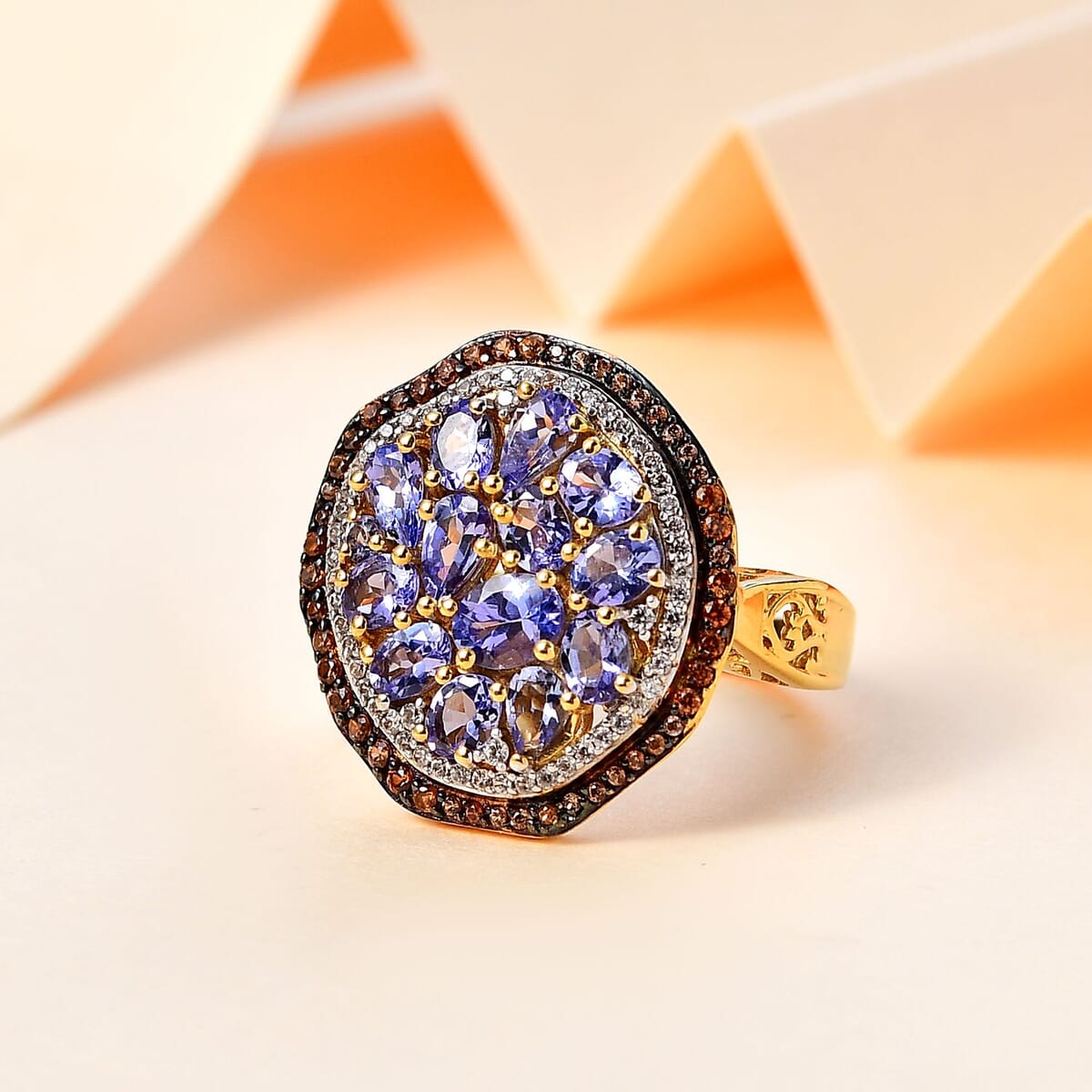 Tanzanite, Brown and White Zircon Sea Pebble Ring in 18K Vermeil Yellow Gold Over Sterling Silver (Size 5.0) 3.20 ctw image number 1