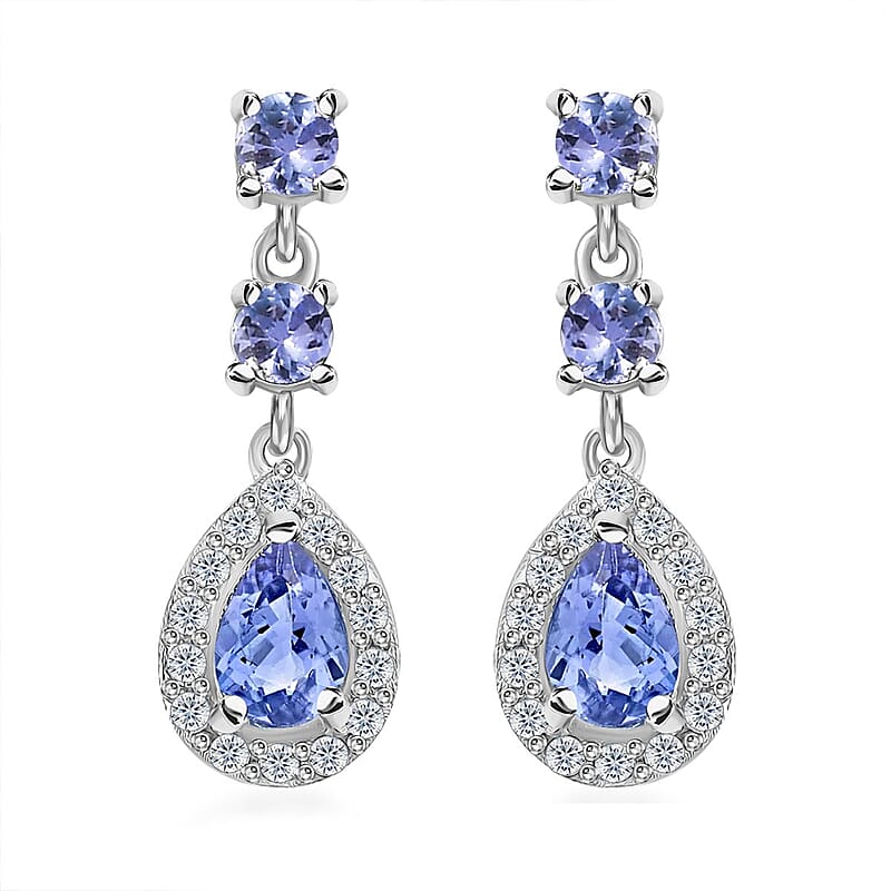 Tanzanite and White Zircon Drop Earrings in Rhodium Over Sterling Silver 1.50 ctw