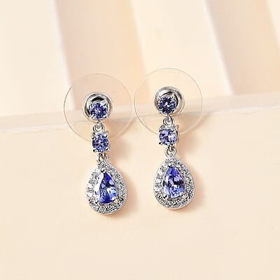 Tanzanite and White Zircon Drop Earrings in Rhodium Over Sterling Silver 1.50 ctw