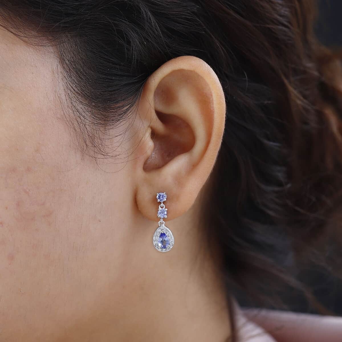 Tanzanite and White Zircon Drop Earrings in Rhodium Over Sterling Silver 1.50 ctw image number 2