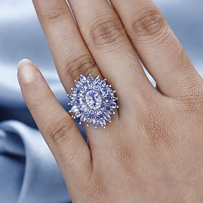 Tanzanite and White Zircon Dahlia Floral Spray Ring in Rhodium Over Sterling Silver (Size 10.0) 4.35 ctw