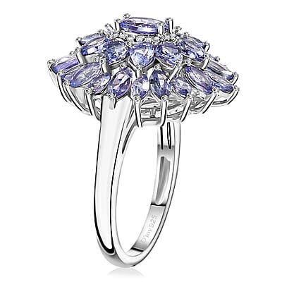 Tanzanite and White Zircon Dahlia Floral Spray Ring in Rhodium Over Sterling Silver (Size 10.0) 4.35 ctw