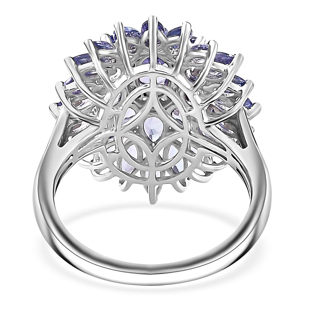 Tanzanite and White Zircon Dahlia Floral Spray Ring in Rhodium Over Sterling Silver (Size 10.0) 4.35 ctw