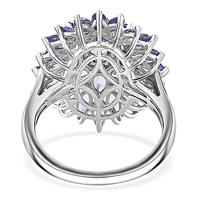 Tanzanite and White Zircon Dahlia Floral Spray Ring in Rhodium Over Sterling Silver (Size 10.0) 4.35 ctw