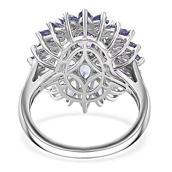 Tanzanite and White Zircon Dahlia Floral Spray Ring in Rhodium Over Sterling Silver (Size 10.0) 4.35 ctw