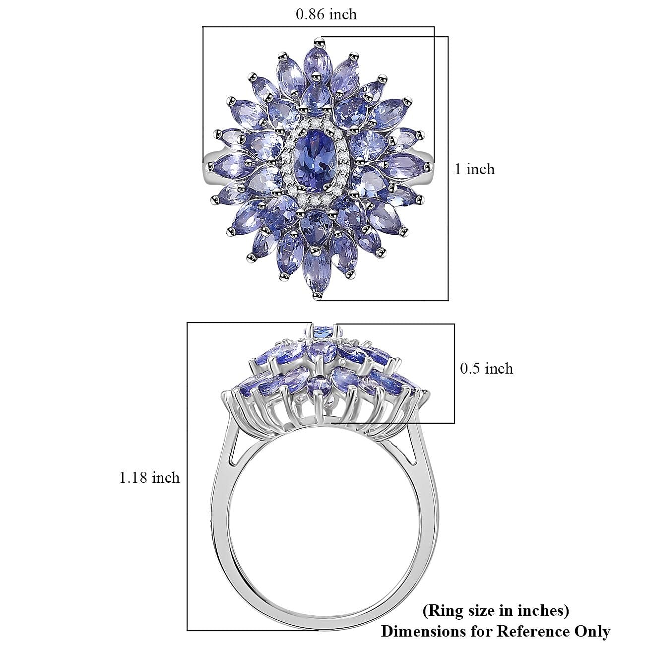 Tanzanite and White Zircon Dahlia Floral Spray Ring in Rhodium Over Sterling Silver (Size 10.0) 4.35 ctw
