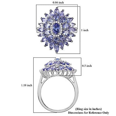 Tanzanite and White Zircon Dahlia Floral Spray Ring in Rhodium Over Sterling Silver (Size 10.0) 4.35 ctw