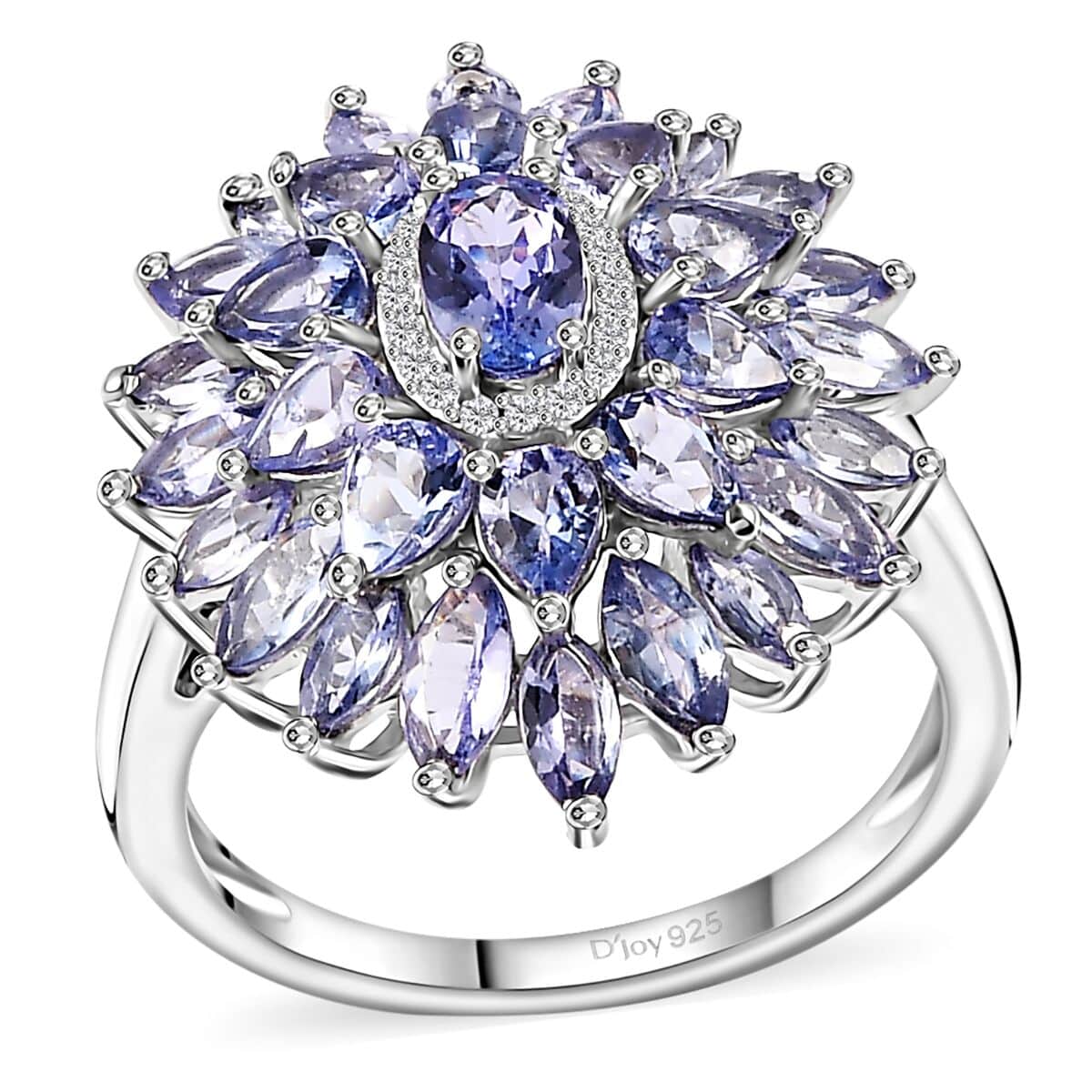 Tanzanite and White Zircon Dahlia Floral Spray Ring in Rhodium Over Sterling Silver (Size 8.0) 4.35 ctw image number 0