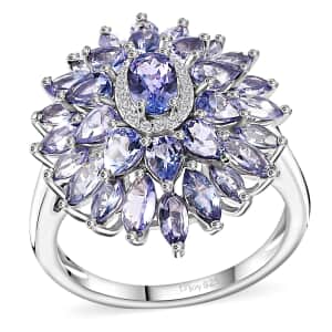 Tanzanite and White Zircon Dahlia Floral Spray Ring in Rhodium Over Sterling Silver (Size 8.0) 4.35 ctw