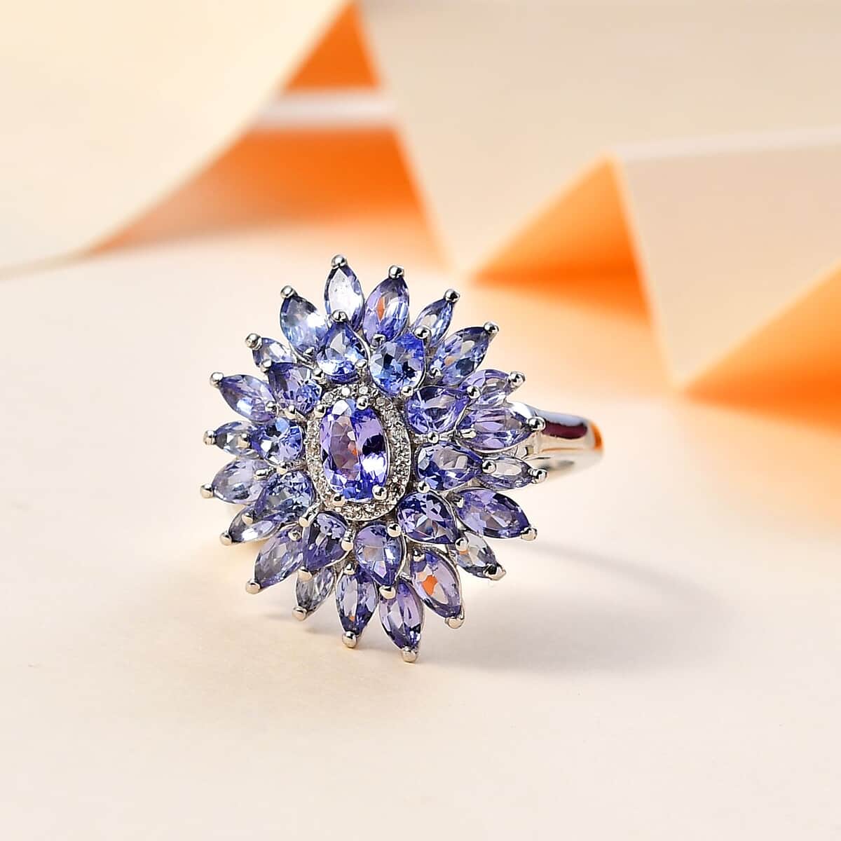 Tanzanite and White Zircon Dahlia Floral Spray Ring in Rhodium Over Sterling Silver (Size 8.0) 4.35 ctw image number 1