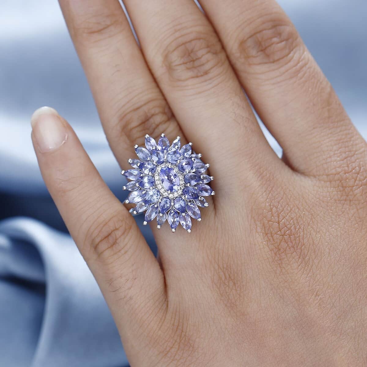 Tanzanite and White Zircon Dahlia Floral Spray Ring in Rhodium Over Sterling Silver (Size 8.0) 4.35 ctw image number 2