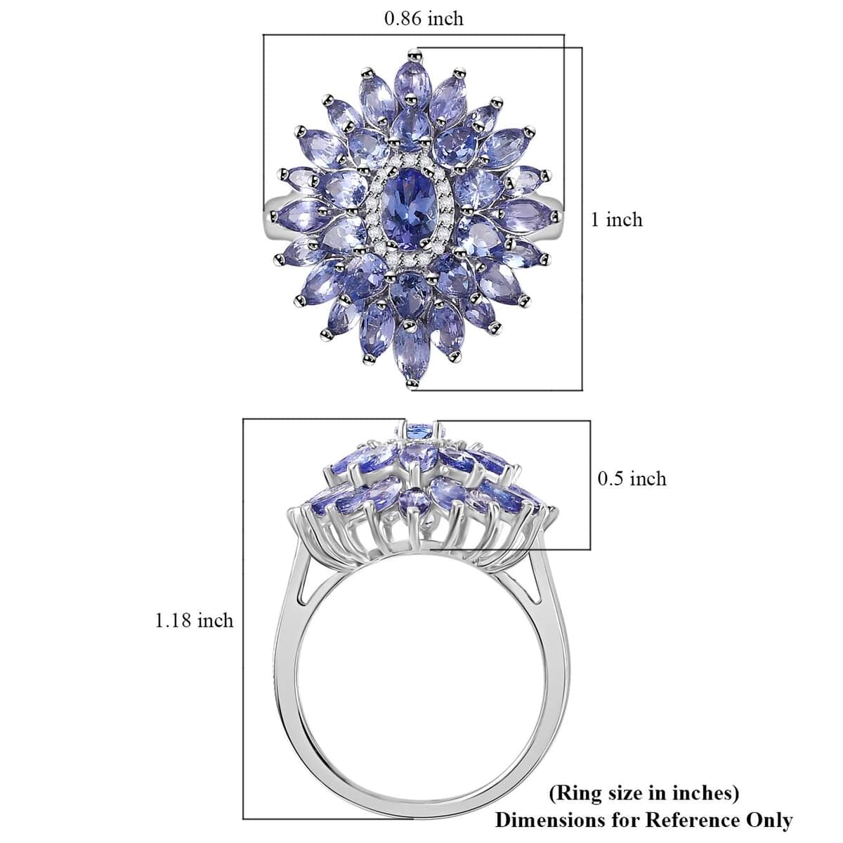 Tanzanite and White Zircon Dahlia Floral Spray Ring in Rhodium Over Sterling Silver (Size 8.0) 4.35 ctw image number 5