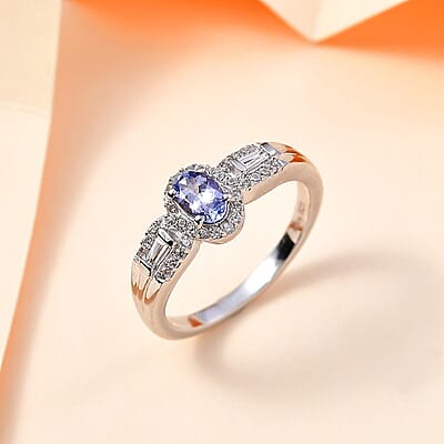 Peacock Tanzanite and White Zircon Halo Ring in Rhodium Over Sterling Silver (Size 10.0) 0.90 ctw