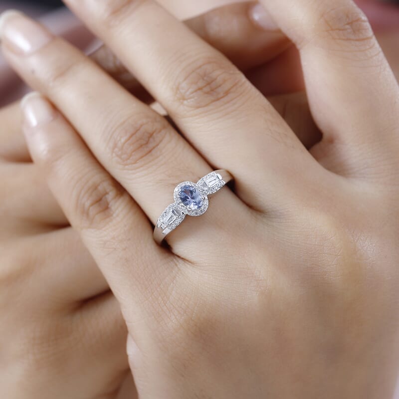 Peacock Tanzanite and White Zircon Halo Ring in Rhodium Over Sterling Silver (Size 10.0) 0.90 ctw