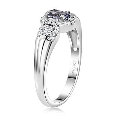 Peacock Tanzanite and White Zircon Halo Ring in Rhodium Over Sterling Silver (Size 10.0) 0.90 ctw
