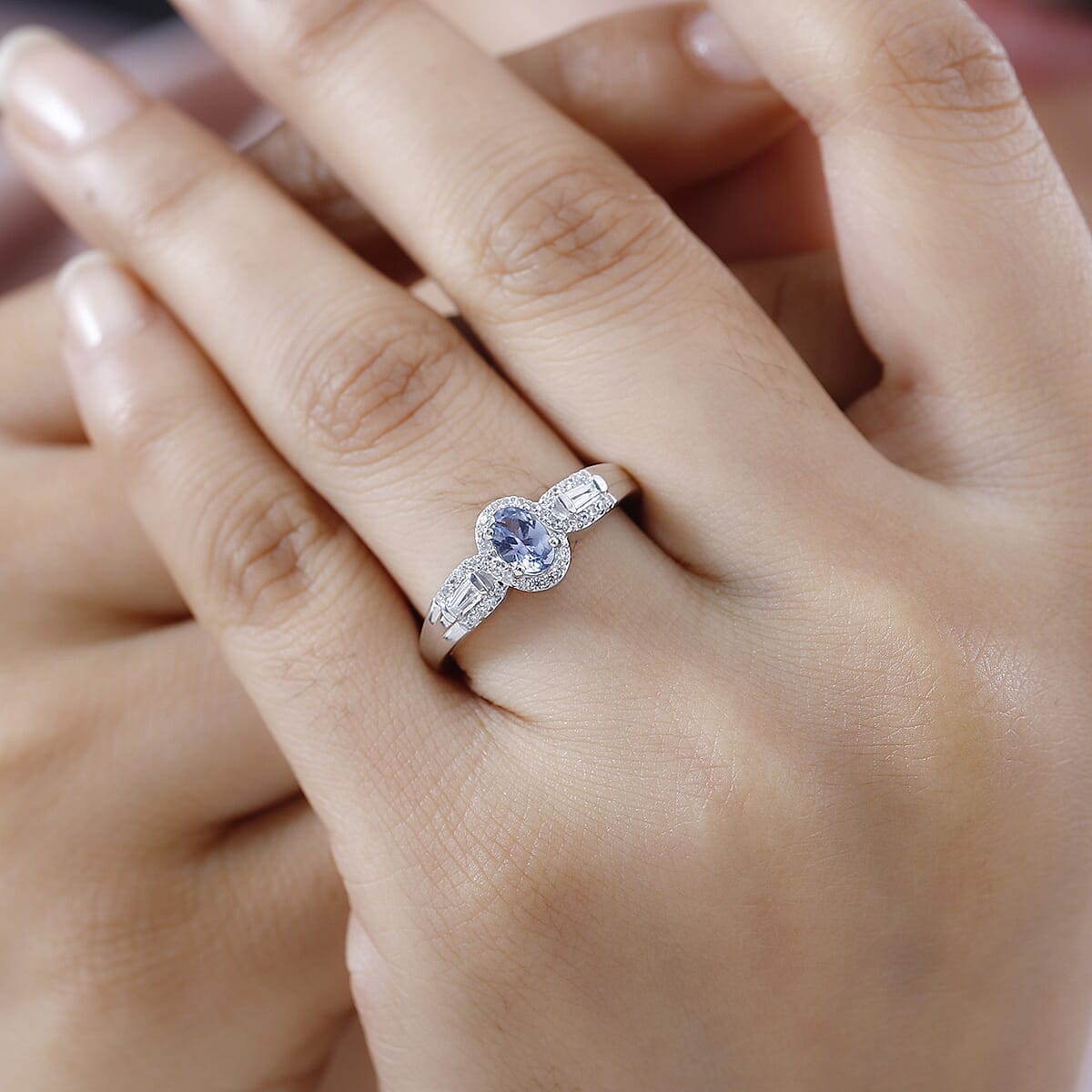 Peacock Tanzanite and White Zircon Halo Ring in Rhodium Over Sterling Silver (Size 9.0) 0.90 ctw image number 2