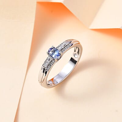 Peacock Tanzanite and White Zircon Ring in Rhodium Over Sterling Silver (Size 10.0) 0.60 ctw