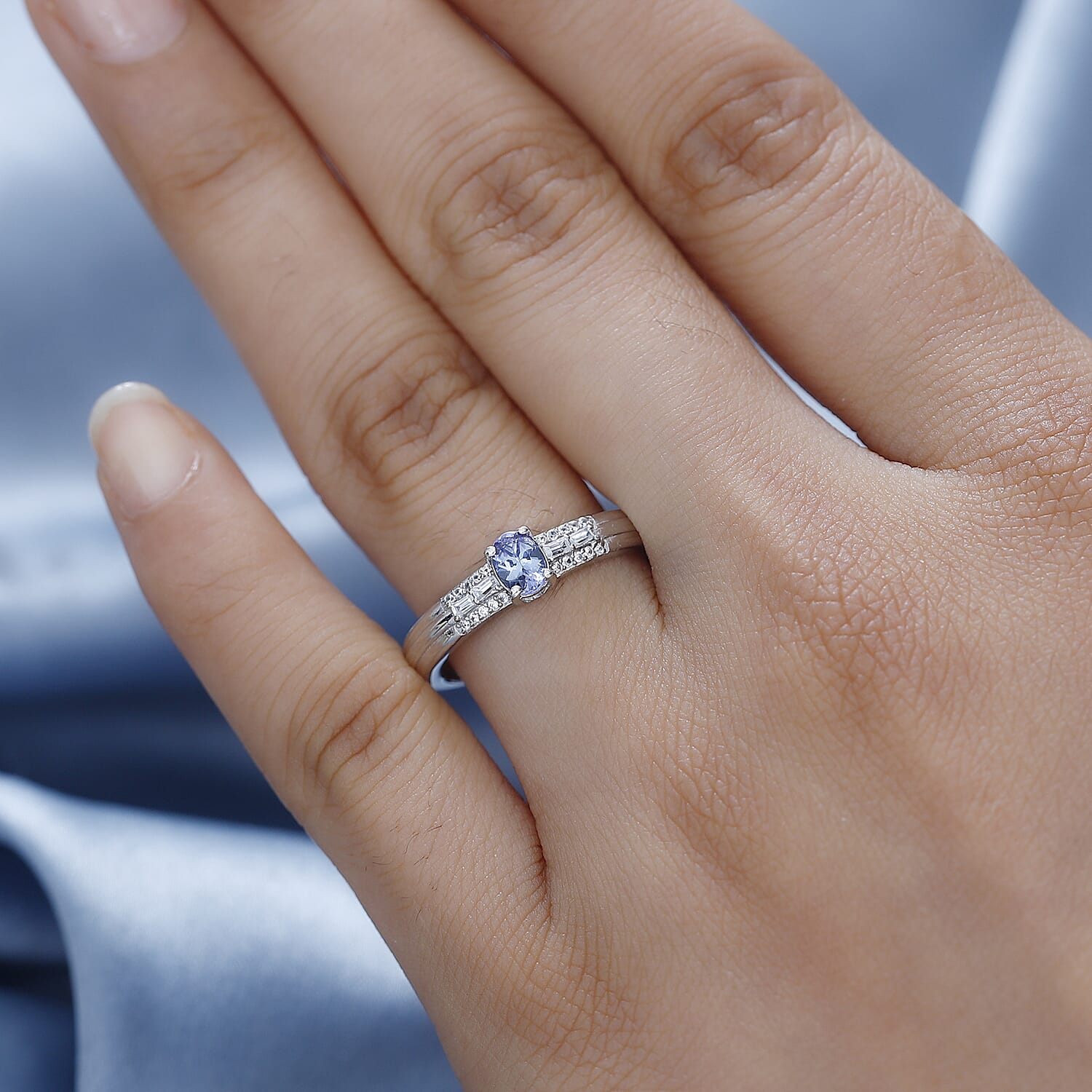 Peacock Tanzanite and White Zircon Ring in Rhodium Over Sterling Silver (Size 10.0) 0.60 ctw