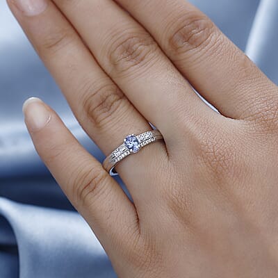 Peacock Tanzanite and White Zircon Ring in Rhodium Over Sterling Silver (Size 10.0) 0.60 ctw