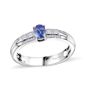 Peacock Tanzanite and White Zircon Ring in Rhodium Over Sterling Silver (Size 7.0) 0.60 ctw