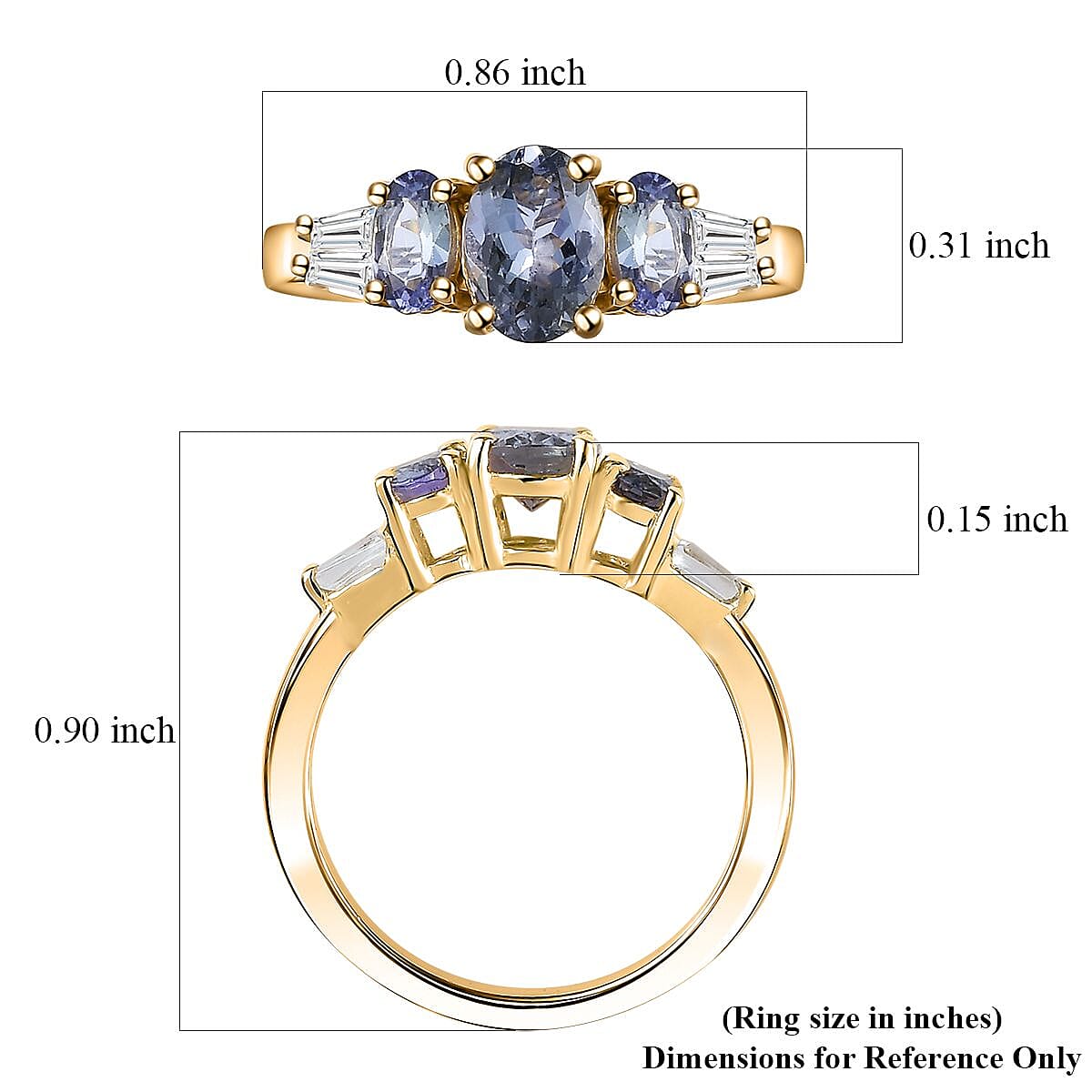 Peacock Tanzanite and White Zircon Trilogy Ring in 18K Vermeil Yellow Gold Over Sterling Silver (Size 10.0) 1.65 ctw