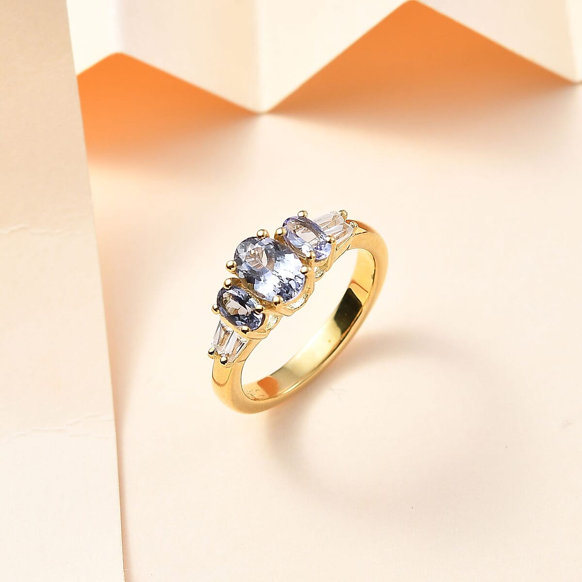 Peacock Tanzanite and White Zircon Trilogy Ring in 18K Vermeil Yellow Gold Over Sterling Silver (Size 8.0) 1.65 ctw image number 1