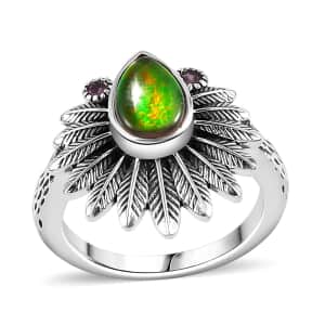 Artisan Crafted Canadian Ammolite and Orissa Rhodolite Garnet Native American Head Ring in Sterling Silver (Size 10.0) 0.15 ctw