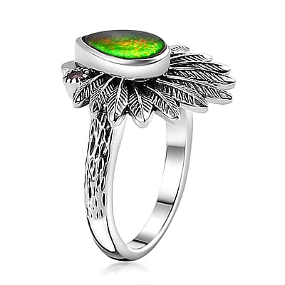 Artisan Crafted Canadian Ammolite and Orissa Rhodolite Garnet Native American Head Ring in Sterling Silver (Size 10.0) 0.15 ctw
