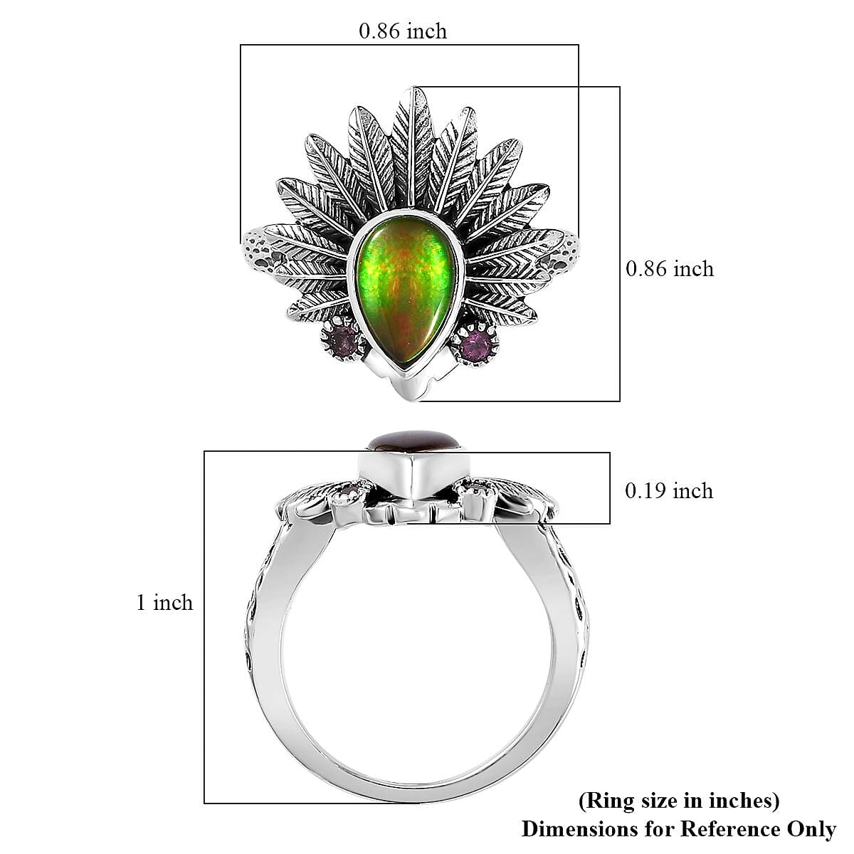 Artisan Crafted Canadian Ammolite and Orissa Rhodolite Garnet Native American Head Ring in Sterling Silver (Size 10.0) 0.15 ctw