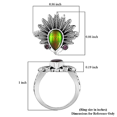 Artisan Crafted Canadian Ammolite and Orissa Rhodolite Garnet Native American Head Ring in Sterling Silver (Size 10.0) 0.15 ctw