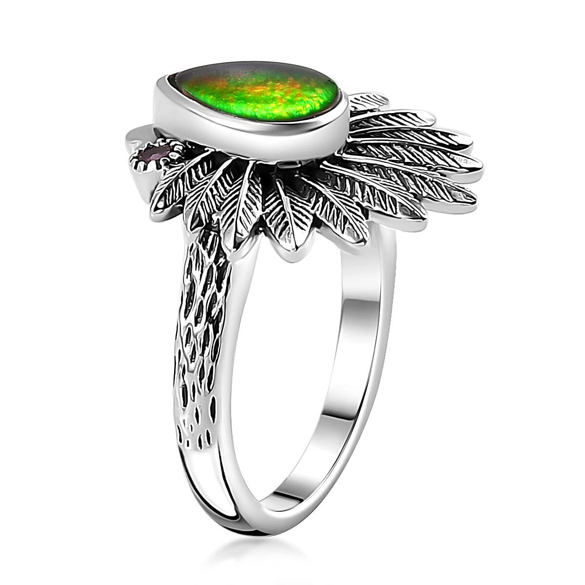 Artisan Crafted Canadian Ammolite and Orissa Rhodolite Garnet Native American Head Ring in Sterling Silver (Size 6.0) 0.15 ctw image number 3