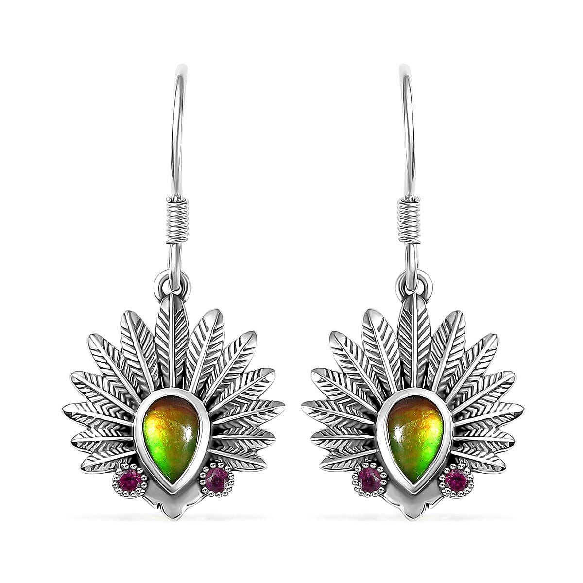Artisan Crafted Canadian Ammolite and Orissa Rhodolite Garnet Native American Head Earrings in Black Oxidized Sterling Silver 0.25 ctw