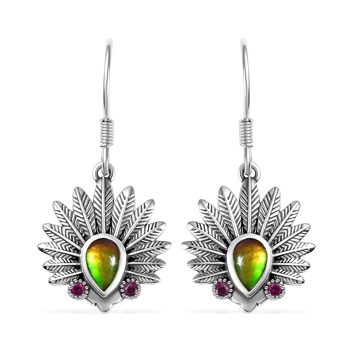 Artisan Crafted Canadian Ammolite and Orissa Rhodolite Garnet Native American Head Earrings in Black Oxidized Sterling Silver 0.25 ctw image number 0
