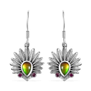 Artisan Crafted Canadian Ammolite and Orissa Rhodolite Garnet Native American Head Earrings in Black Oxidized Sterling Silver 0.25 ctw