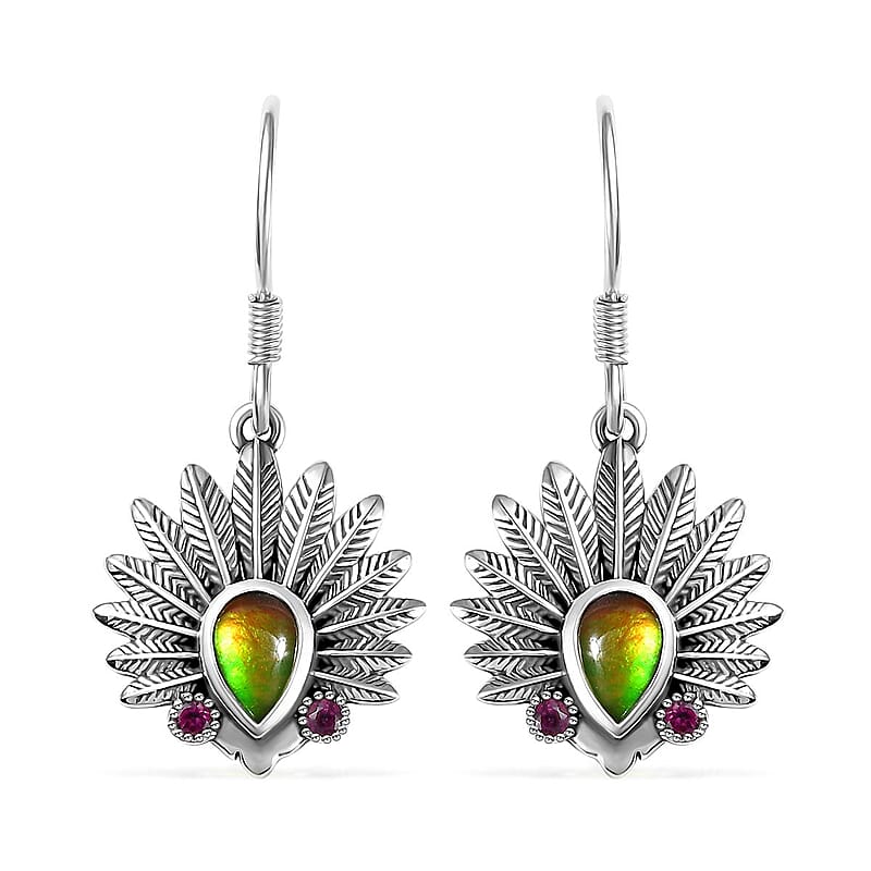Artisan Crafted Canadian Ammolite and Orissa Rhodolite Garnet Native American Head Earrings in Black Oxidized Sterling Silver 0.25 ctw