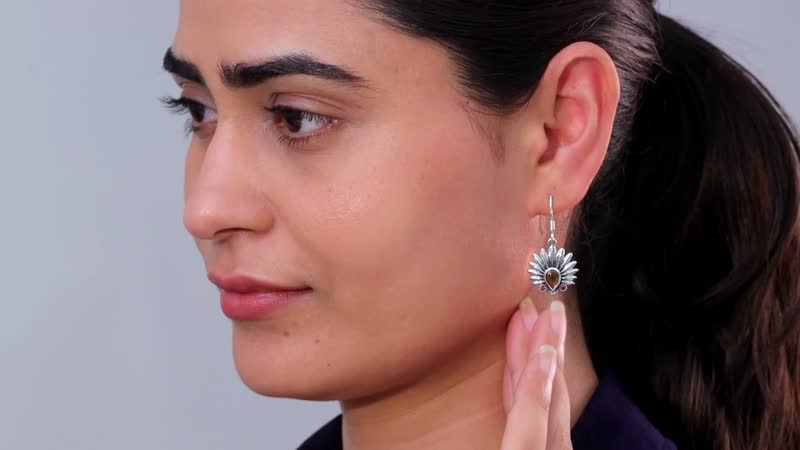 Artisan Crafted Canadian Ammolite and Orissa Rhodolite Garnet Native American Head Earrings in Black Oxidized Sterling Silver 0.25 ctw