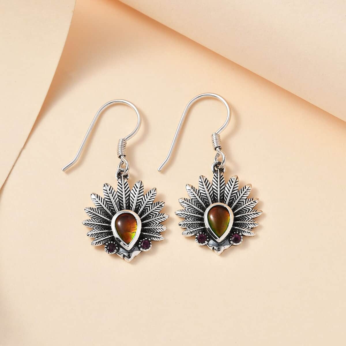 Artisan Crafted Canadian Ammolite and Orissa Rhodolite Garnet Native American Head Earrings in Black Oxidized Sterling Silver 0.25 ctw image number 1