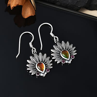 Artisan Crafted Canadian Ammolite and Orissa Rhodolite Garnet Native American Head Earrings in Black Oxidized Sterling Silver 0.25 ctw