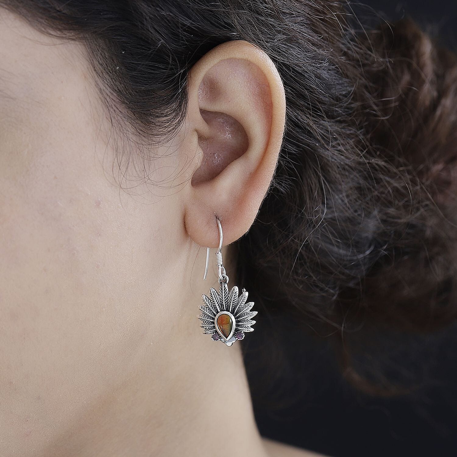 Artisan Crafted Canadian Ammolite and Orissa Rhodolite Garnet Native American Head Earrings in Black Oxidized Sterling Silver 0.25 ctw