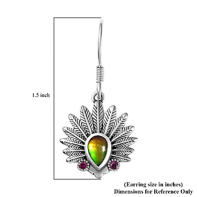 Artisan Crafted Canadian Ammolite and Orissa Rhodolite Garnet Native American Head Earrings in Black Oxidized Sterling Silver 0.25 ctw