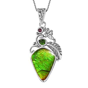 Artisan Crafted Canadian Ammolite and Multi Gemstone Pendant in Black Oxidized Sterling Silver 0.25 ctw