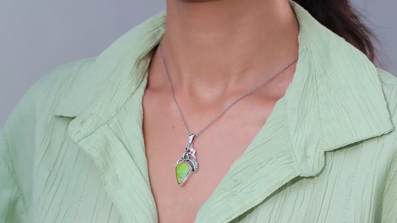 Artisan Crafted Canadian Ammolite and Multi Gemstone Pendant in Black Oxidized Sterling Silver 0.25 ctw