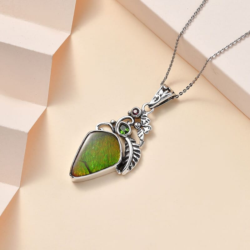 Artisan Crafted Canadian Ammolite and Multi Gemstone Pendant in Black Oxidized Sterling Silver 0.25 ctw