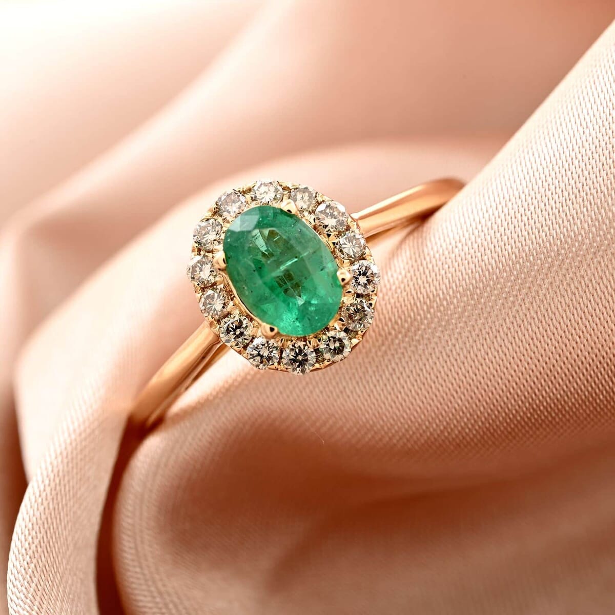 Certified Luxoro 14K Yellow Gold AAA Kagem Zambian Emerald and G-H I2 Diamond Ring (Size 9.5) 1.05 ctw image number 1