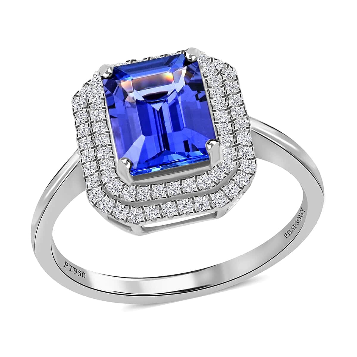 Certified and Appraised Rhapsody 950 Platinum AAAA Tanzanite and E-F VS Diamond Double Halo Ring (Size 5.5) 6.15 Grams 3.00 ctw image number 0