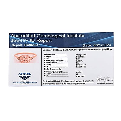 Certified and Appraised Luxoro 14K Rose Gold AAA Marropino Morganit and G-H I2 Diamond Ring (Size 11.0) 2.15 ctw