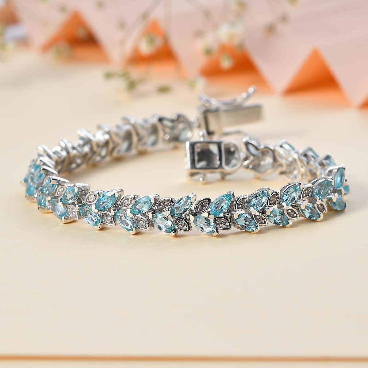 Betroka Blue Apatite and White Zircon Leaf Bracelet in Platinum Over Sterling Silver (6.50 In) 9.15 ctw image number 1