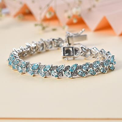 Betroka Blue Apatite and White Zircon Leaf Bracelet in Platinum Over Sterling Silver (6.50 In) 9.15 ctw