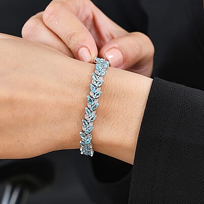 Betroka Blue Apatite and White Zircon Leaf Bracelet in Platinum Over Sterling Silver (6.50 In) 9.15 ctw